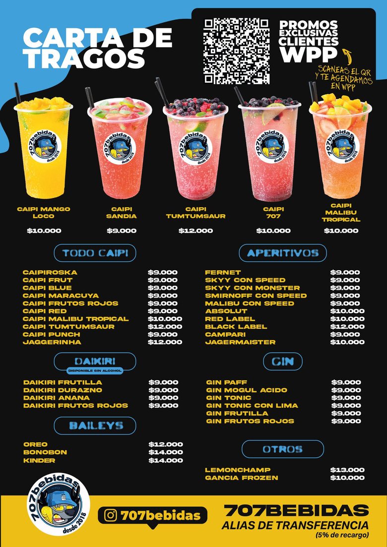 Carta de tragos 707 Bebidas (frente)